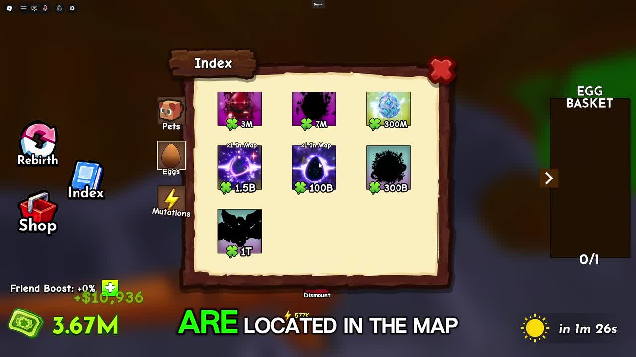 Ride A Pet in-game Egg Index showing egg icons, luck gates and x1 In Map labels
