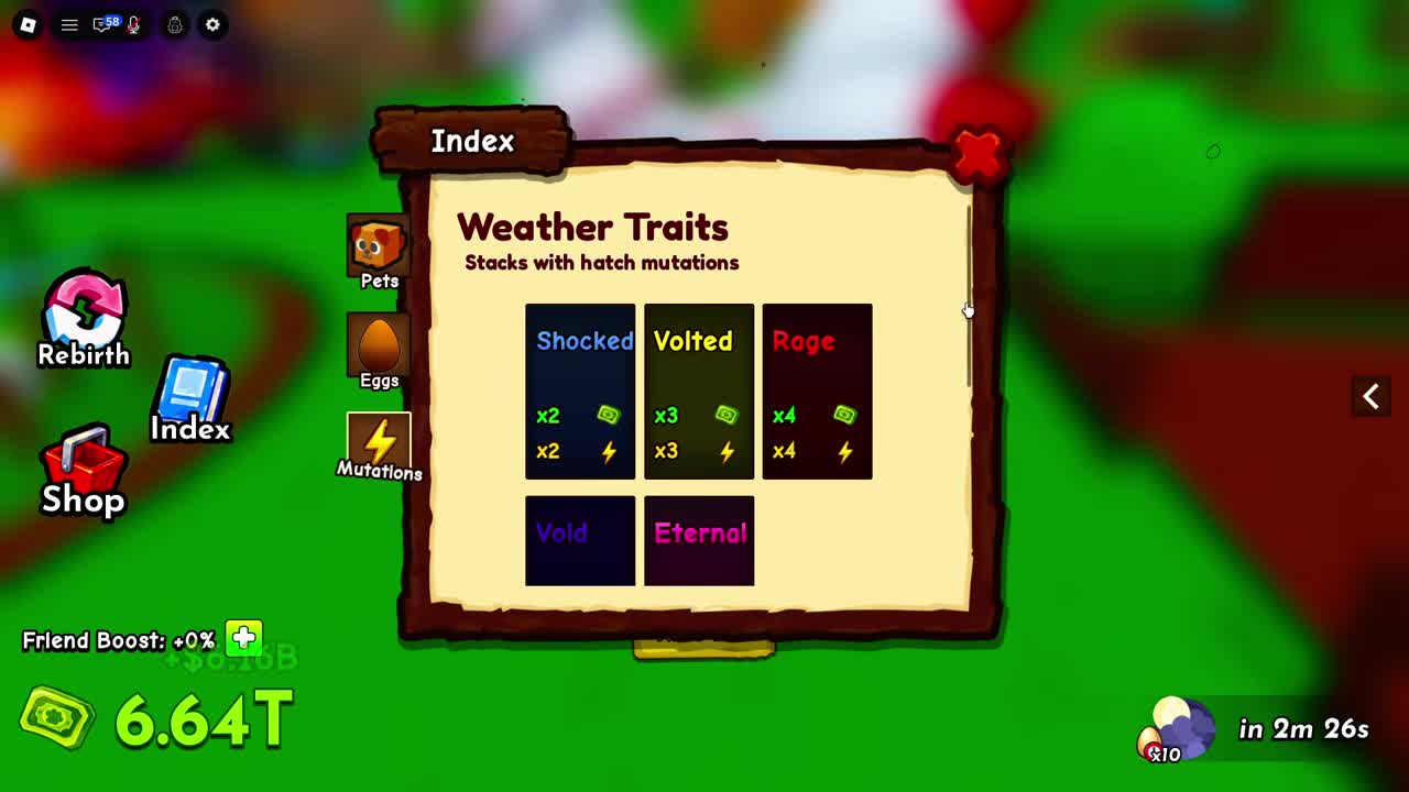 Ride A Pet in-game Mutation Index showing Shocked, Volted, Rage, Void and Eternal weather traits