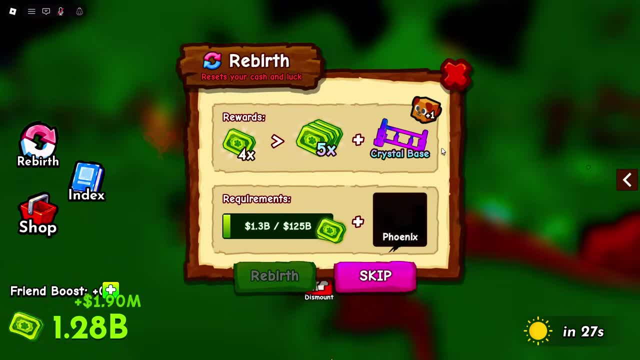 Ride A Pet in-game Rebirth panel showing a 125B cash and Phoenix requirement and 5x cash reward