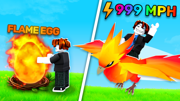 Official Ride A Pet artwork showing a named Flame Egg beside a player and a Phoenix